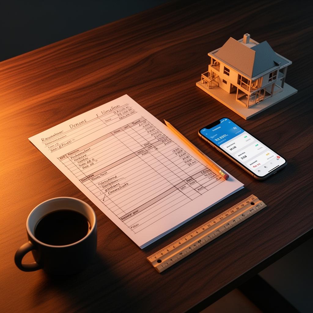 Top-down view of an estimate worksheet, a phone showing a clean dashboard, and an architectural model