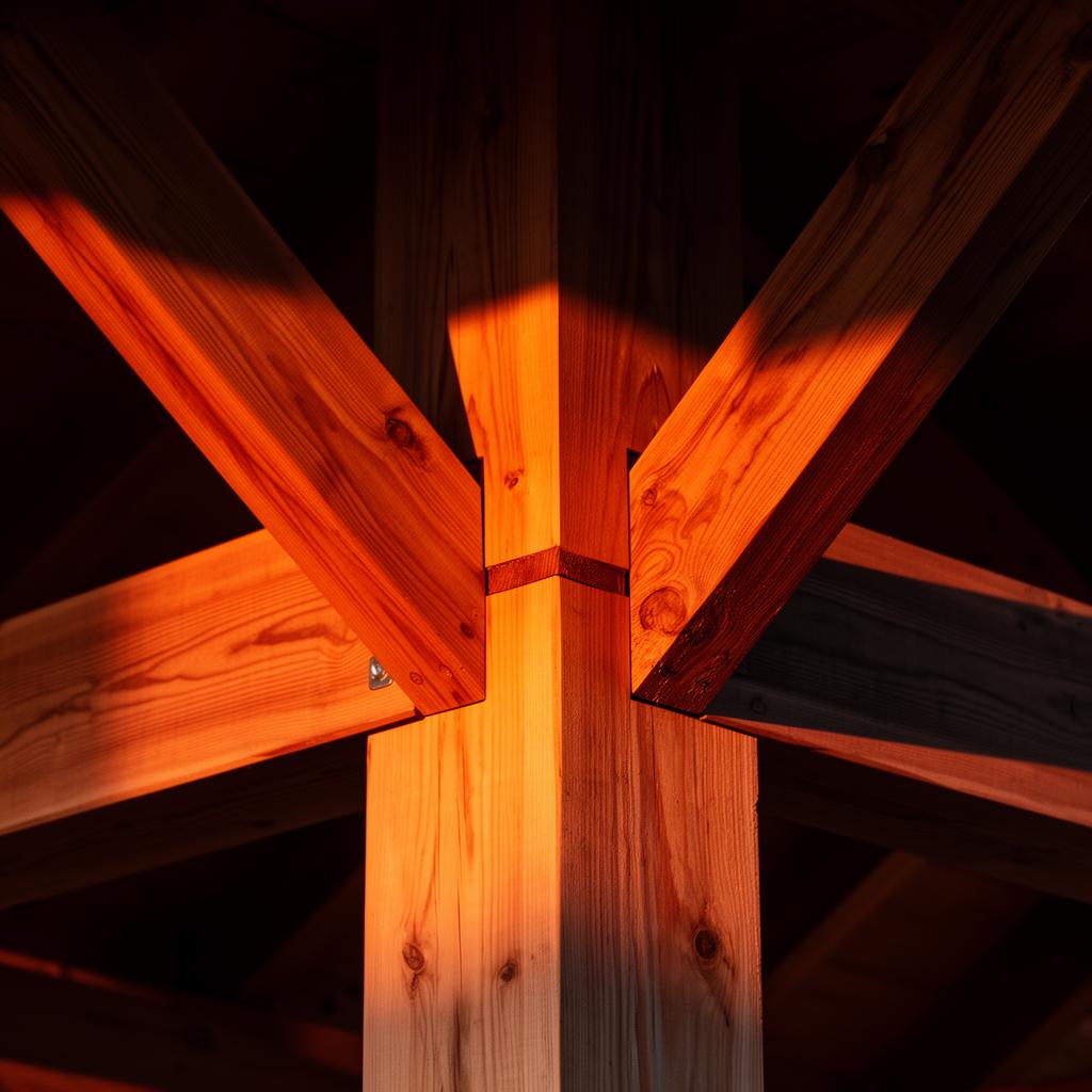 Tight structural timber joint lit by warm sunset
