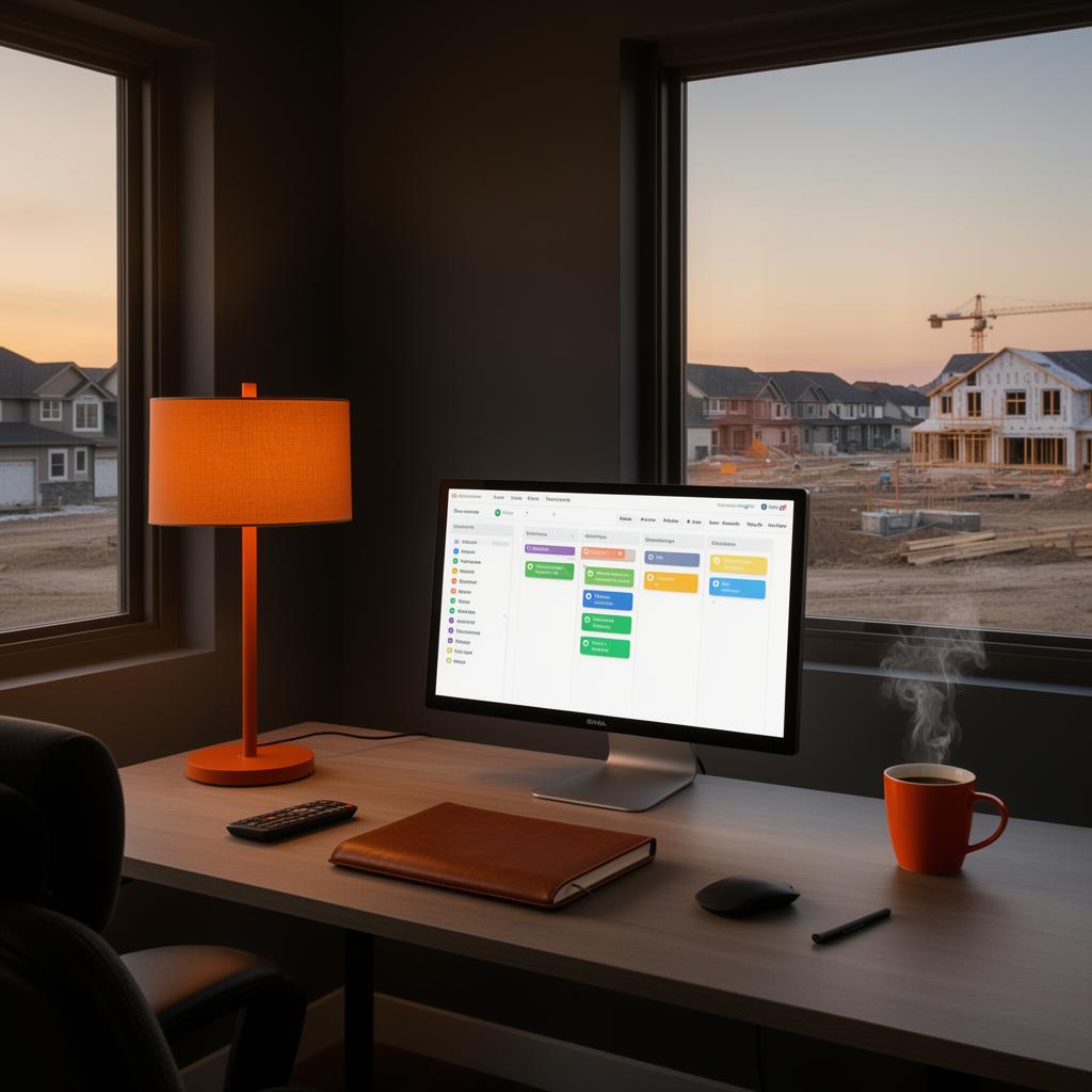Owner's home office at dusk showing a clean sales pipeline kanban on the monitor